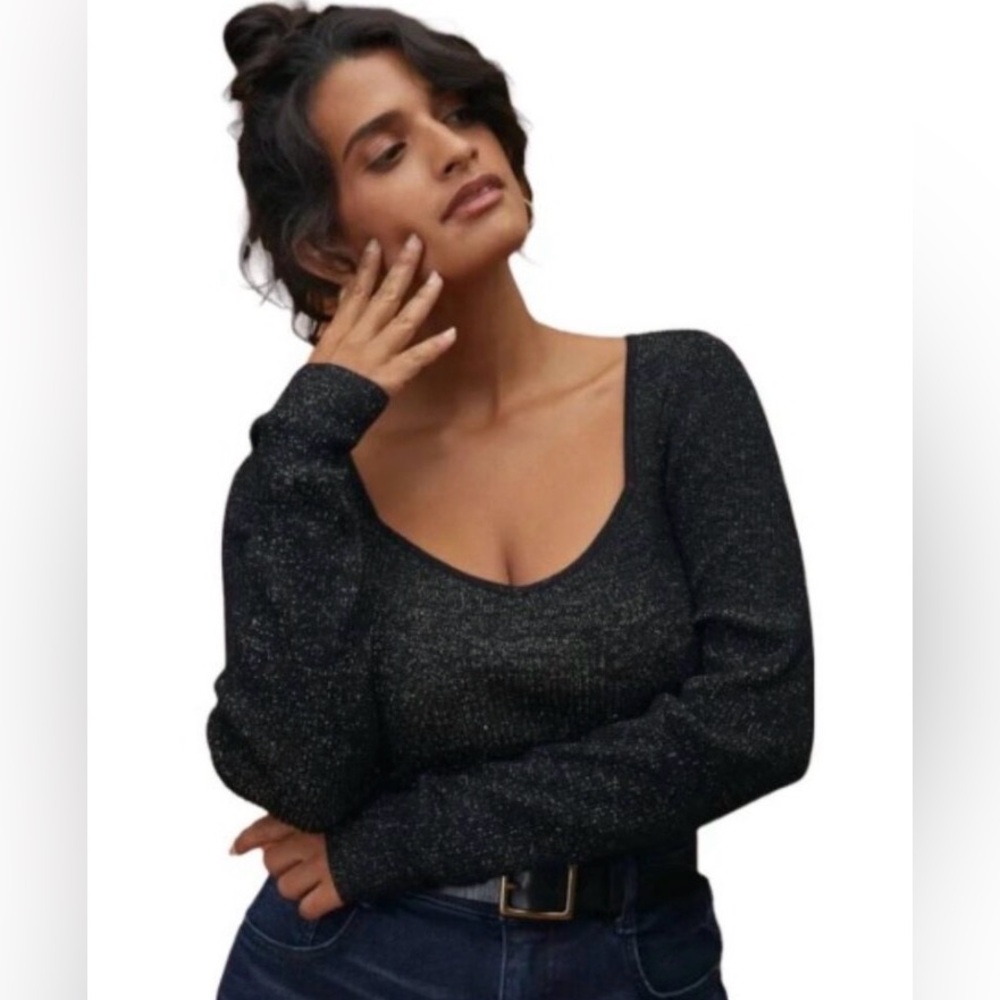 By Anthropologie Size 1X Sweetheart Black and Gold Metallic Long Sleeve Sweater